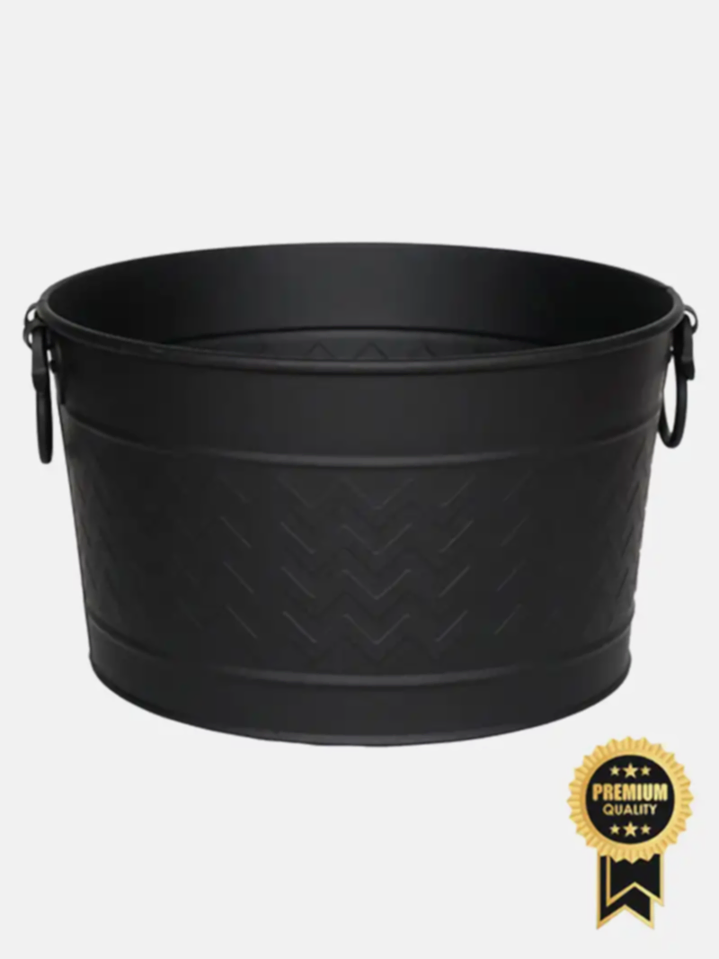 Siyah Renk Zigzag Desenli Yuvarlak Metal Şömine Odun Sepeti Kovası 43x36x25