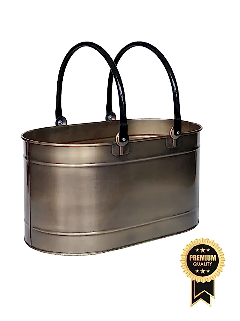 Çift Kulplu Lüks Gold Renk Metal Odun Kovası Şömine Odun Kovası 55x35x29 cm - 006